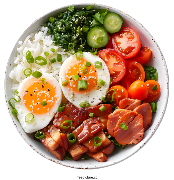 [Transparent Background PNG]Delicious Asian Rice Bowl with Salmon and Eggs
