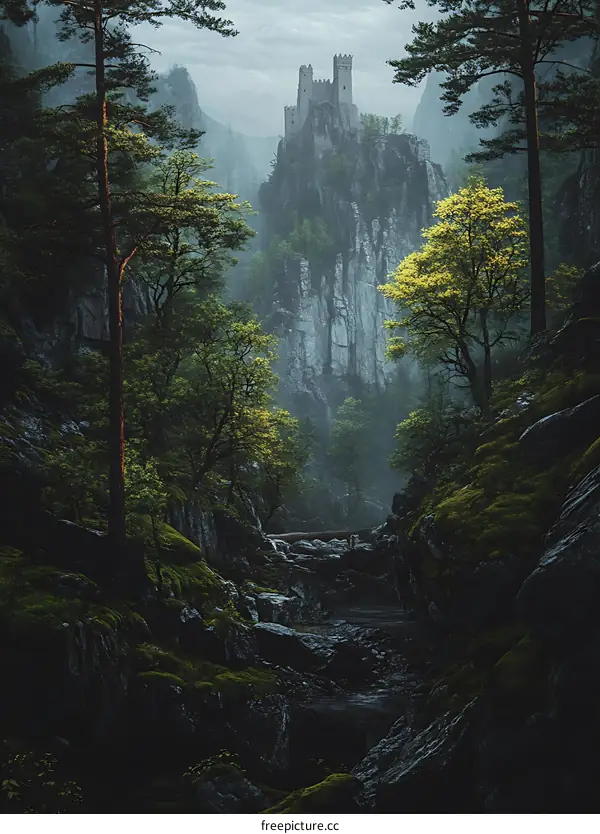 Misty Forest With Ancient Castle On A Cliff