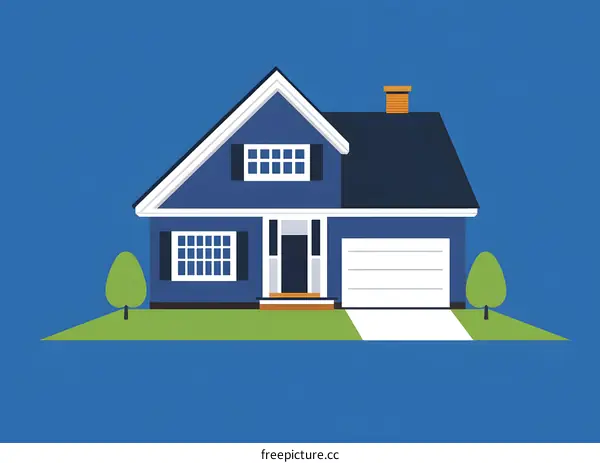 Blue House Illustration with Green Trees