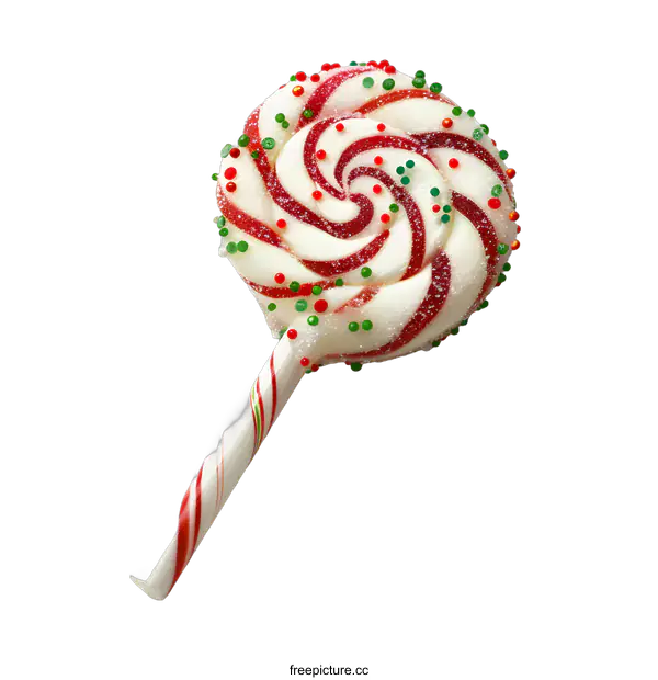 [Transparent Background PNG]Red and White Candy Cane Swirl Lollipop with Green Sprinkles