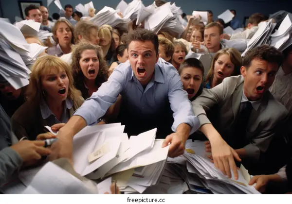 A group of people are drowning in a sea of paperwork
