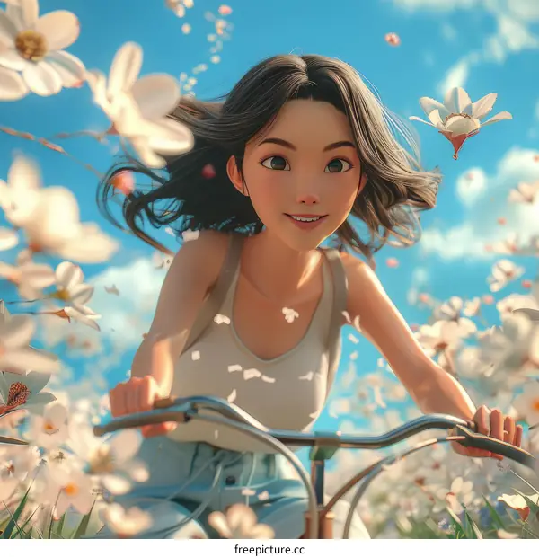 An Asian woman riding a bicycle through a field of flowers