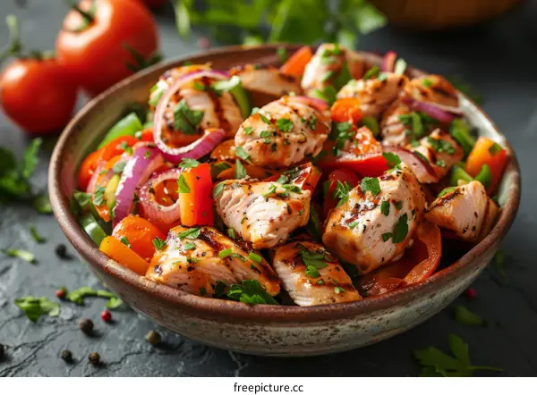 Grilled chicken breast with roasted vegetables and fresh herbs