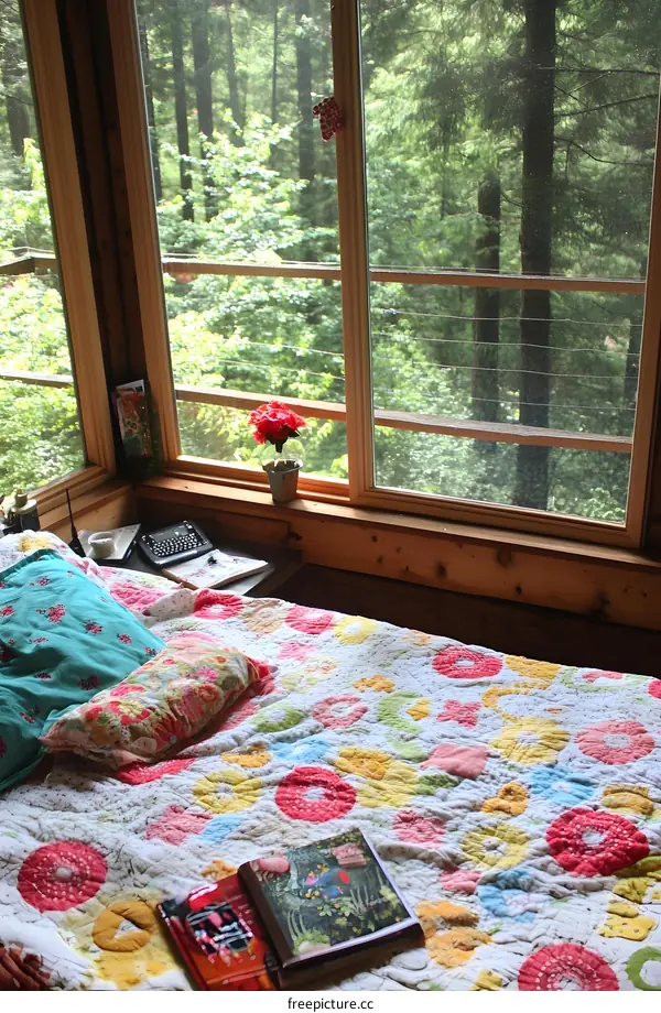 Cozy Cabin Bedroom with Window View of Forest
