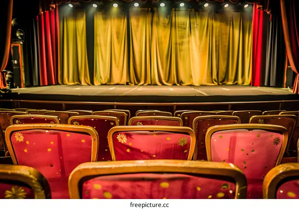 Empty Theater Seats Facing Stage With Curtains