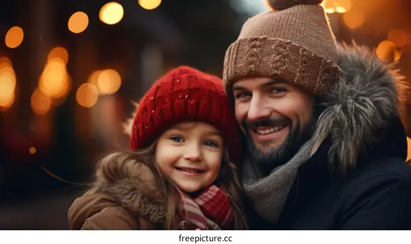 Father and daughter in winter clothes