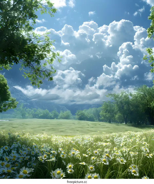 White daisies bloom in the valley