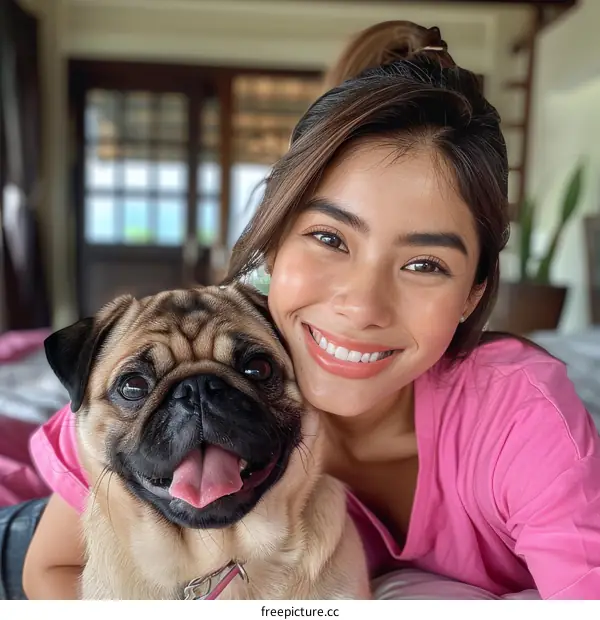 A young woman with a pug dog.