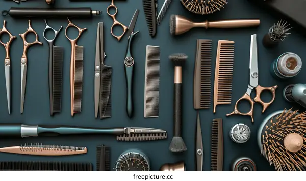 Hairdressing tools are laid out on a dark blue background