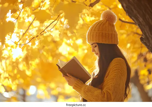 Young Woman Reading Book in Autumn Leaves