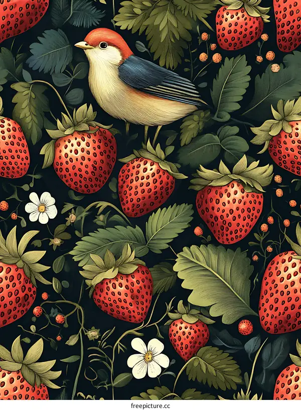 [seamless]Strawberry Pattern with Bird Illustration