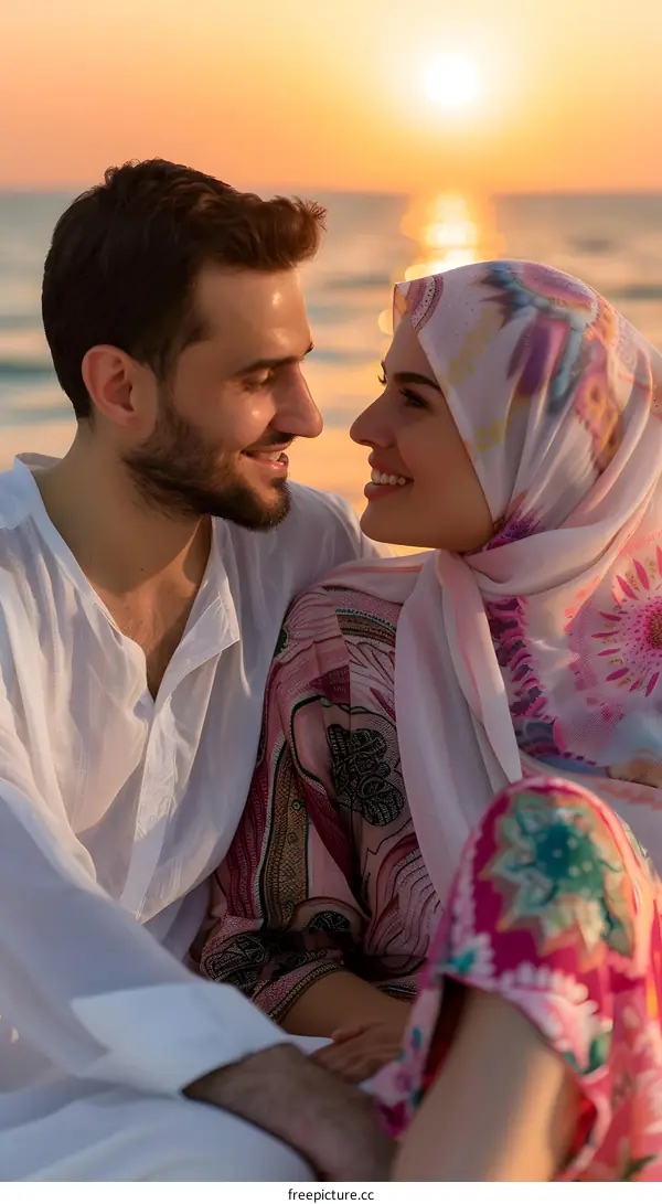 Romantic Couple Watching Sunset On Beach