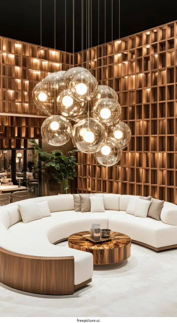 Modern Circular Sofa Arrangement with Chandelier