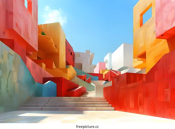 Colorful geometric shapes form a surreal cityscape