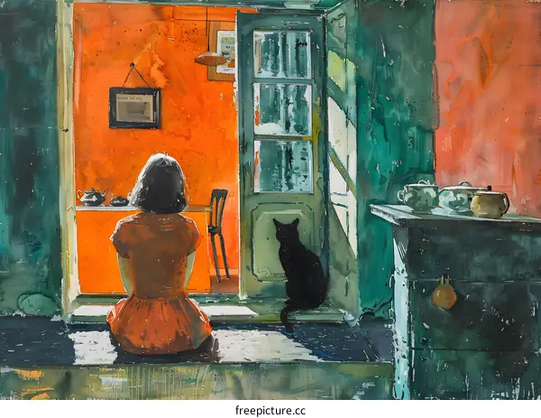 A girl and a cat in a room