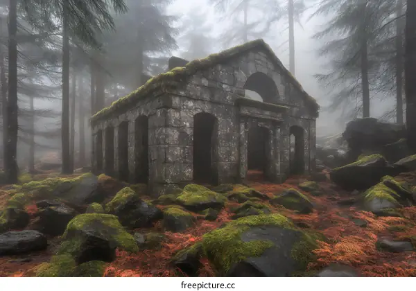 Stone Building Ruins in Foggy Forest