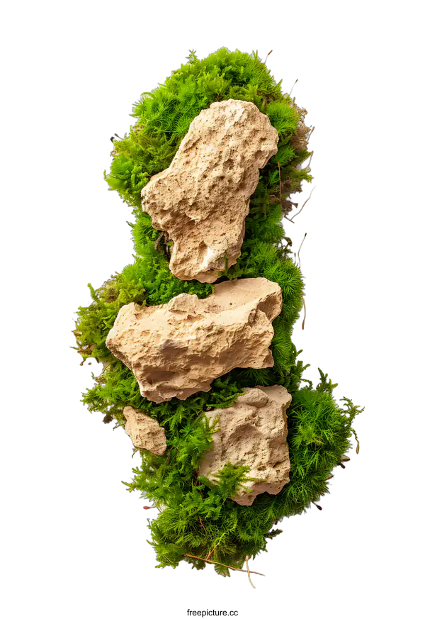 [Transparent Background PNG]Green Moss and Rocks Isolated on White Background