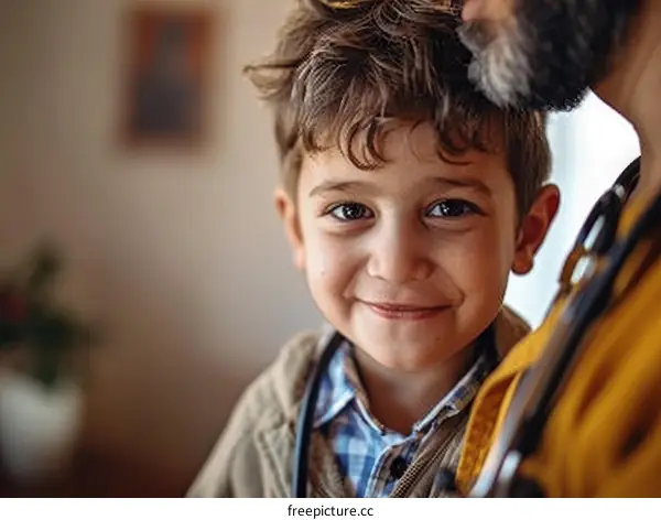Little boy with curly hair smiling at the camera while being carried by an adult