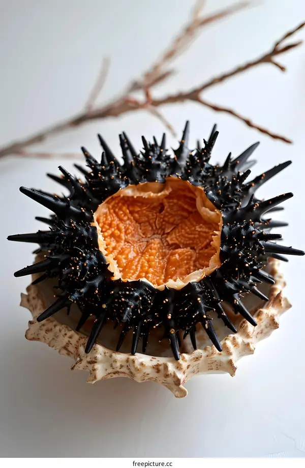 Black sea urchin shell on a white background