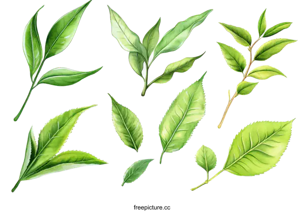 [Transparent Background PNG]Watercolor Illustration of Tea Leaves and Branches