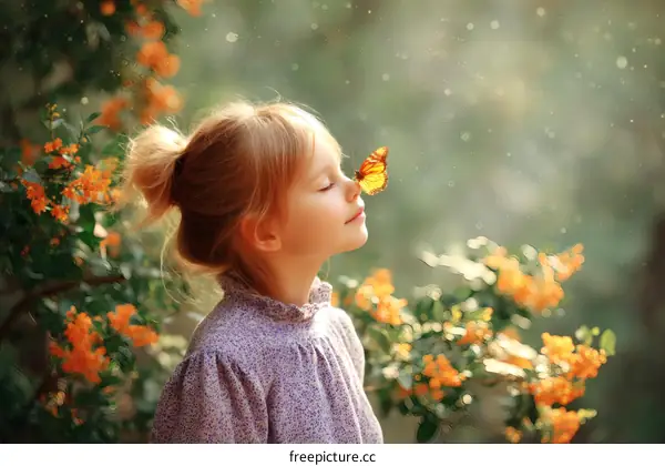 A Little Girl with a Butterfly in a Garden