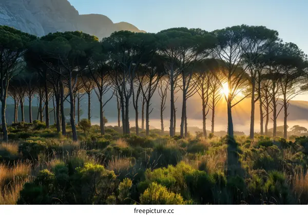 Pine trees backlit by the sun in a forest
