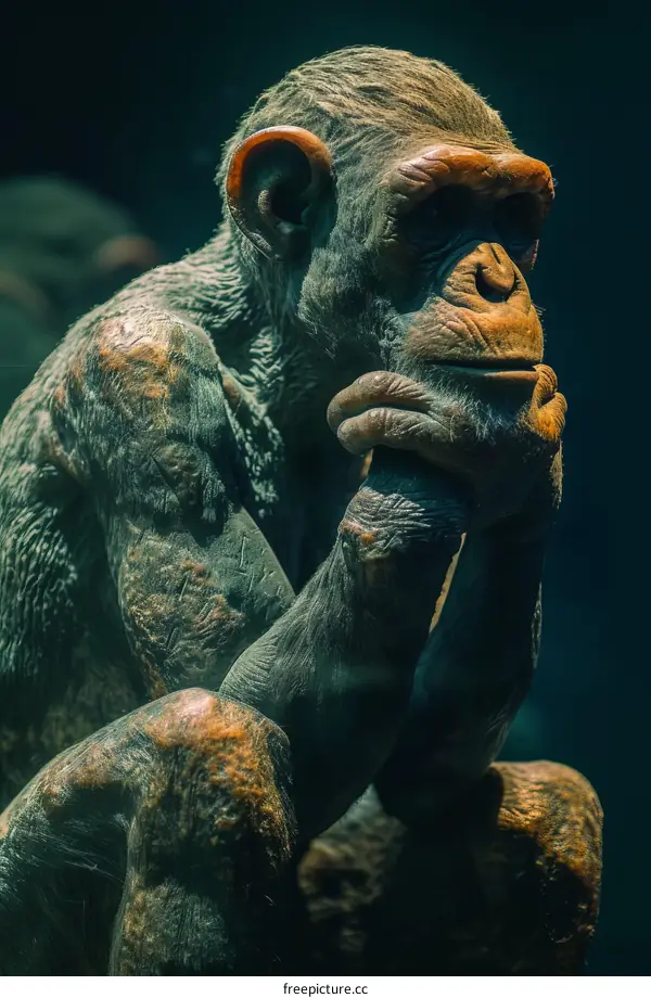 A contemplative chimpanzee sits in thought