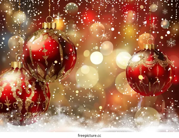 Red and Gold Christmas Ornaments with Snowflakes Hanging on a Christmas Tree