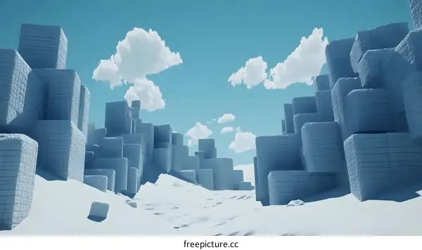 Abstract 3D Landscape of Cubes and Clouds