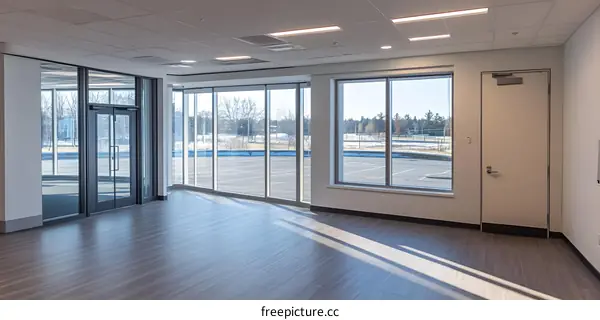 Modern Office Space with Large Windows and Hardwood Floor