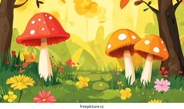 Red and Orange Mushrooms in a Green Forest