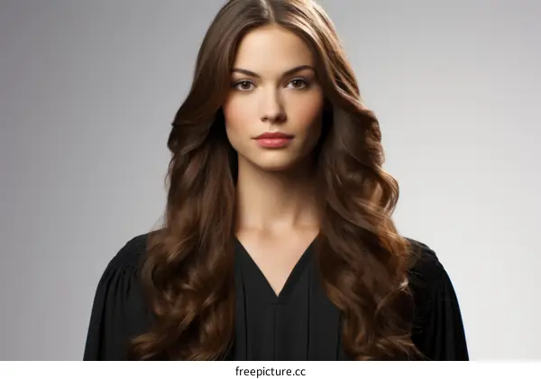 Headshot of a young female judge with long brown hair wearing a black robe
