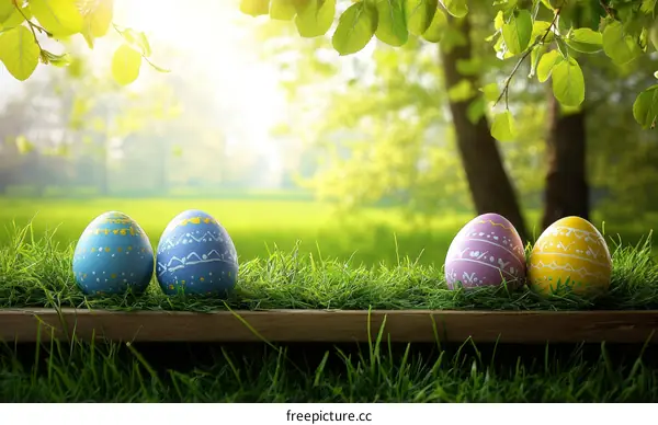 Easter Eggs in Spring Garden Background