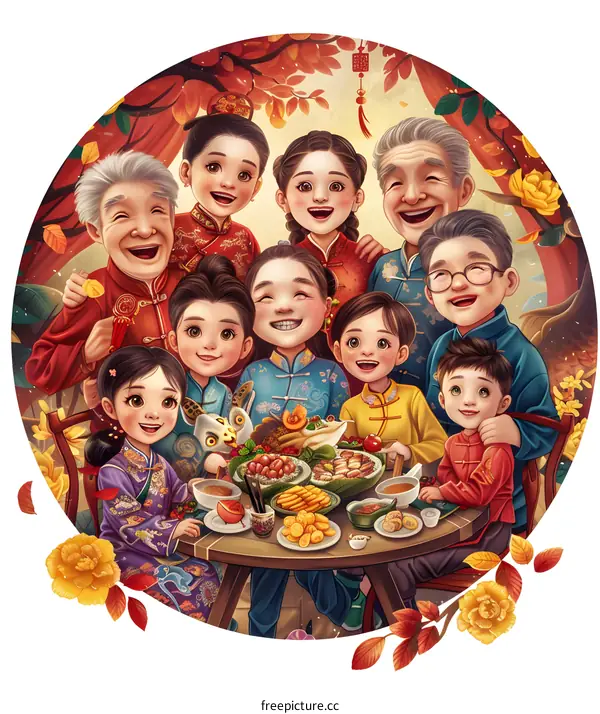 Chinese Family Reunion Illustration With Traditional Food And Flowers