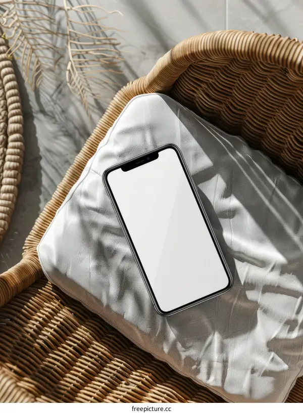 A white phone sits on a cushion on a wicker chair