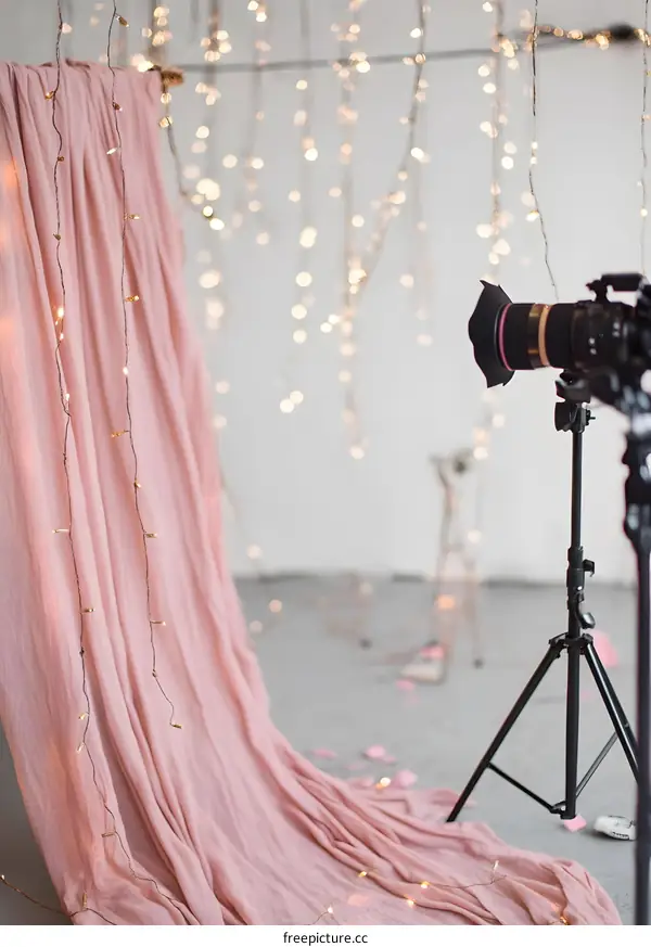 Pink Fabric with String Lights and Camera Equipment