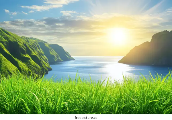 Sunrise over Lush Green Hills and Azure Ocean