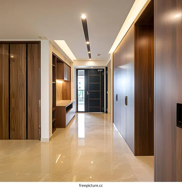 Modern Interior Design with Wooden Cabinets and Marble Flooring