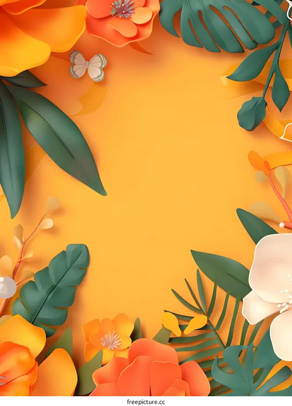 Paper Cutout Tropical Flowers Frame Background