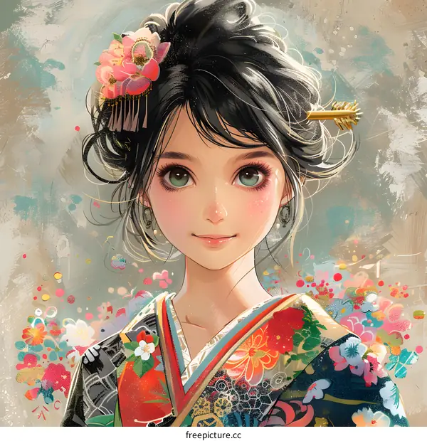 portrait of a beautiful asian woman in traditional japanese kimono with flowers in her hair