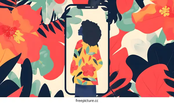 Woman in Floral Dress on Phone Screen with Flowers Background