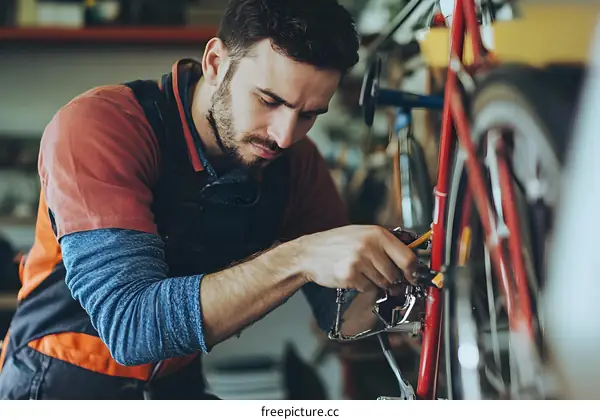 Man working on a bicycle in a workshop