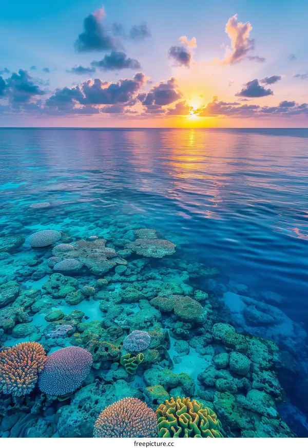 Vibrant Coral Reef Sunset with Diverse Marine Life
