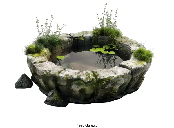 [Transparent Background PNG]Stone Well with Water and Plants
