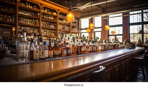 Whiskey and Spirits Bottles on Bar Counter