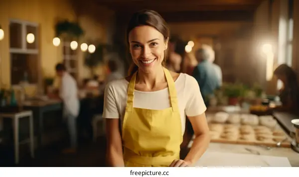Portrait of a smiling young woman wearing an apron in a kitchen