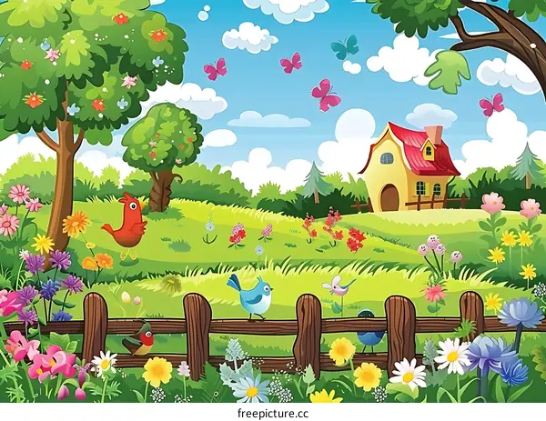 Cartoon Illustration of a Beautiful Spring Landscape With Birds and Flowers