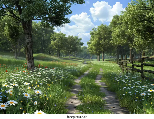 Country Road Through Lush Green Field