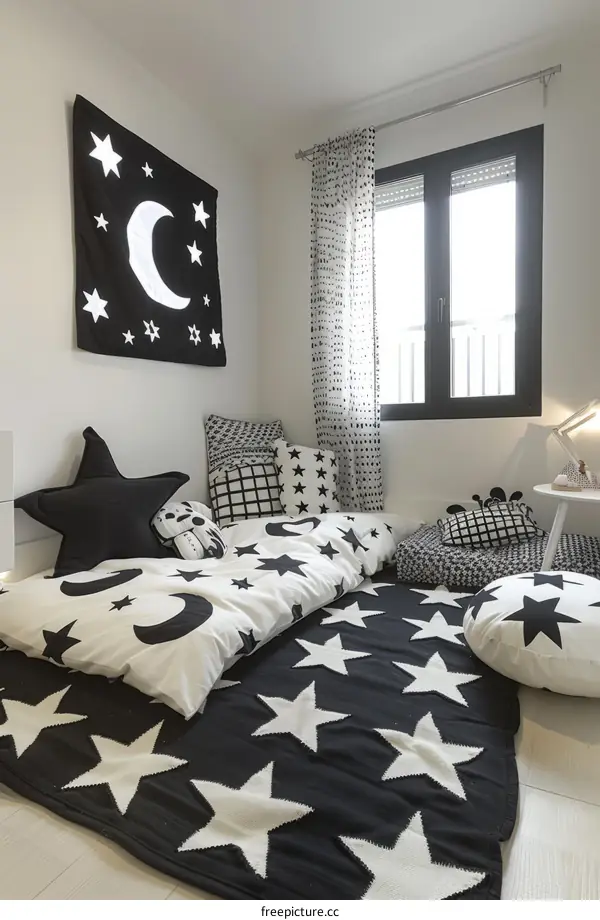 Black and white starry sky children's room