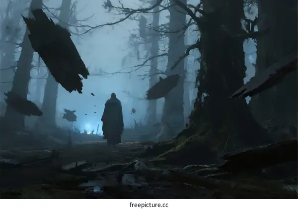 Mysterious figure walking through misty forest with floating debris